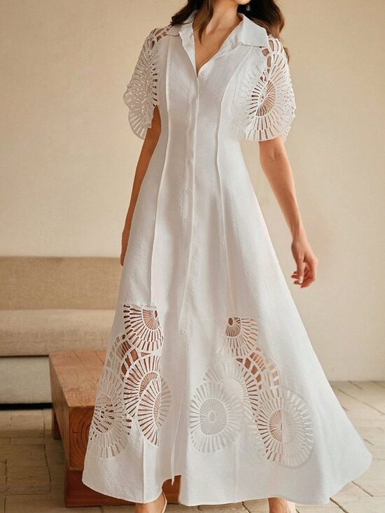 Dresses & Skirts - White Elegant Women's Puff Sleeve Single Breasted Hollow Splice Dress